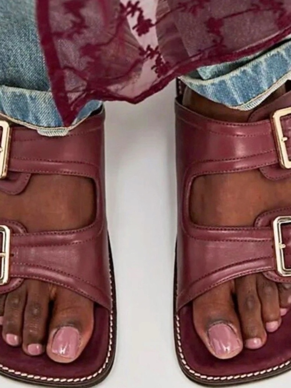 Free People Sage Square Toe Footbed Slides Cabernet Wine Leather Size 8